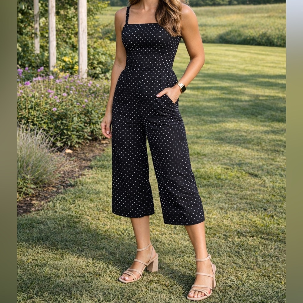 Old Navy Black and White Polka Dot Cropped Jumpsuit